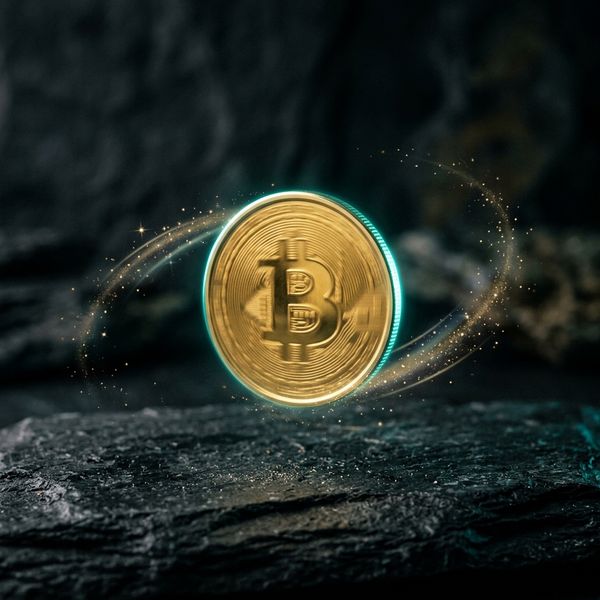 Gold coin spinning with teal glow above dark surface