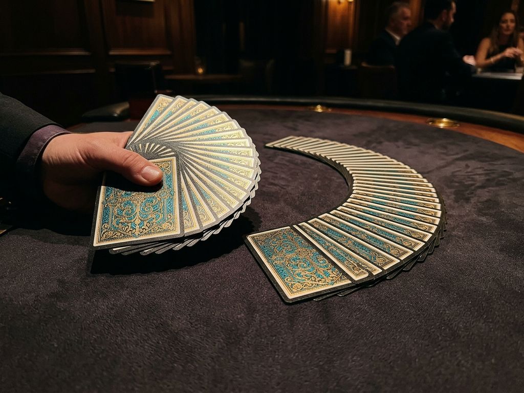 Playing cards fanning across dark casino felt